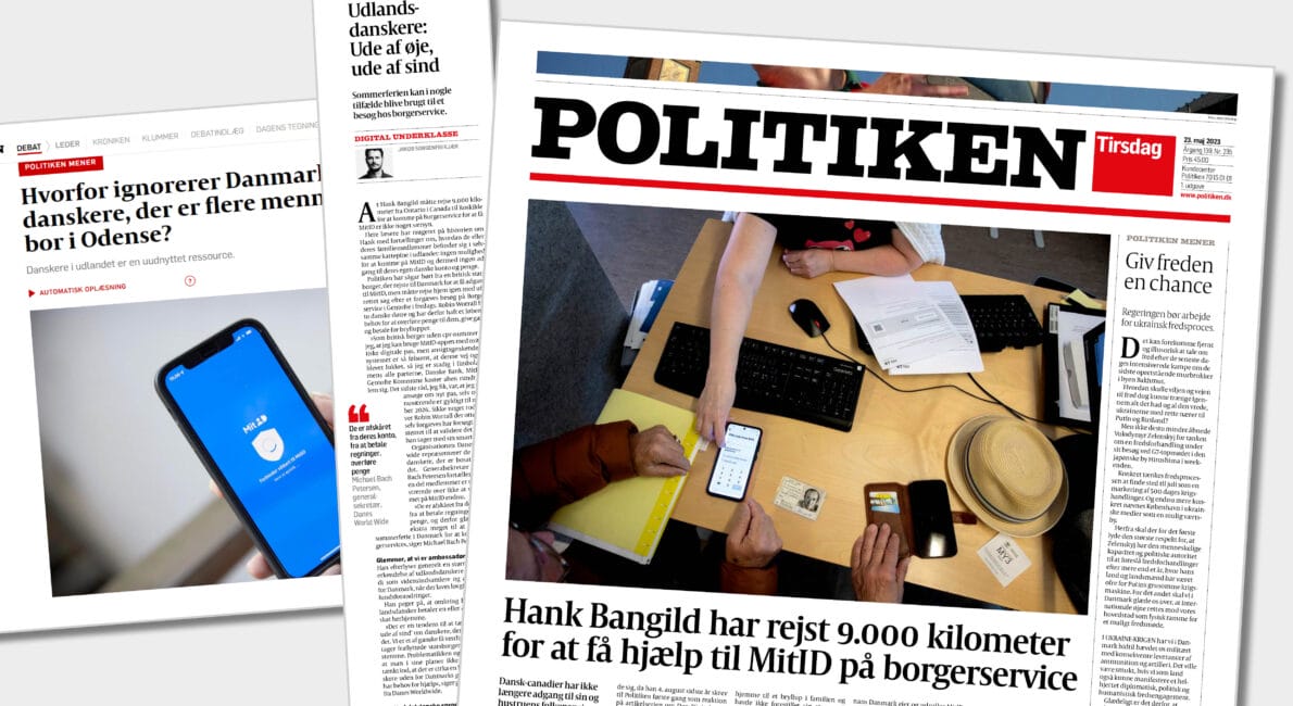 En avis med titlen "Politiken" viser en hovedartikel med en gruppe mennesker omkring et bord ved hjælp af smartphones og tablets. En hat og laptop er synlige. Mindre tekstartikler er synlige på venstre side.
