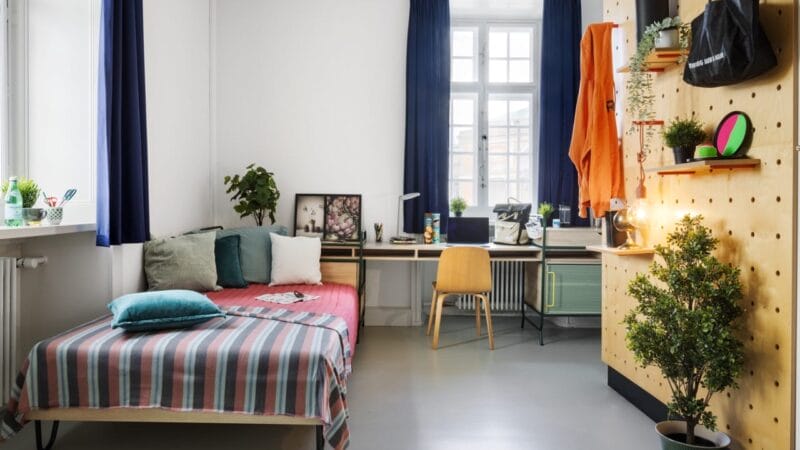 Et hyggeligt kollegieværelse med en enkeltseng dækket af en stribet dyne og flere puder. Et skrivebord med en stol står op ad væggen, med planter, en lampe og indretning. En pegboard viser forskellige elementer. Blå gardiner indrammer et stort vindue, så der kommer naturligt lys ind.