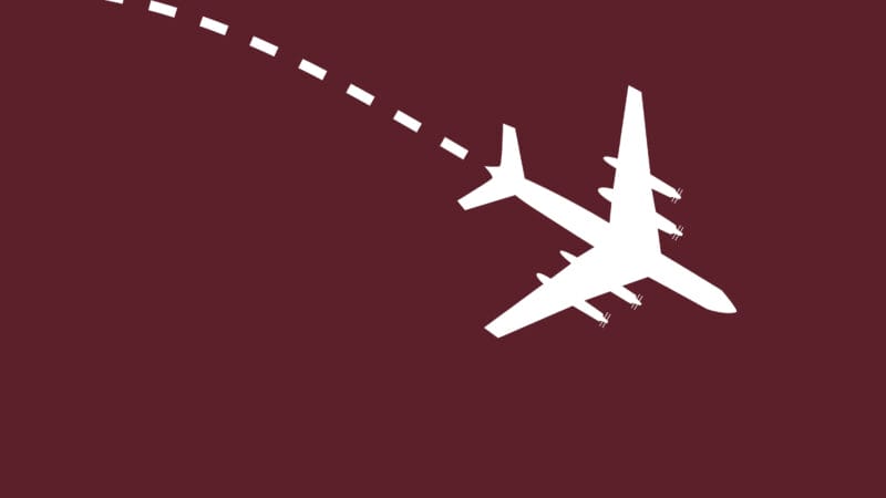Silhuet af et hvidt fly med en stiplet linje, der angiver flyvestien på en mørkerød baggrund.
