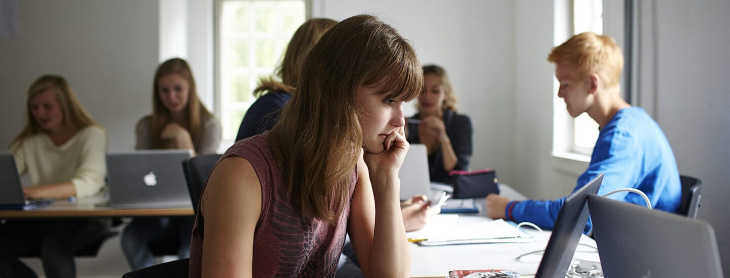 Et klasseværelse fyldt med aktivitet, da flere elever arbejder flittigt på bærbare computere. I forgrunden er en ung kvinde opslugt af sin skærm, der legemliggør den beslutsomhed, der findes i CEFR-færdighedsstudier, mens andre omkring hende fokuserer intenst af de solbeskinnede vinduer.